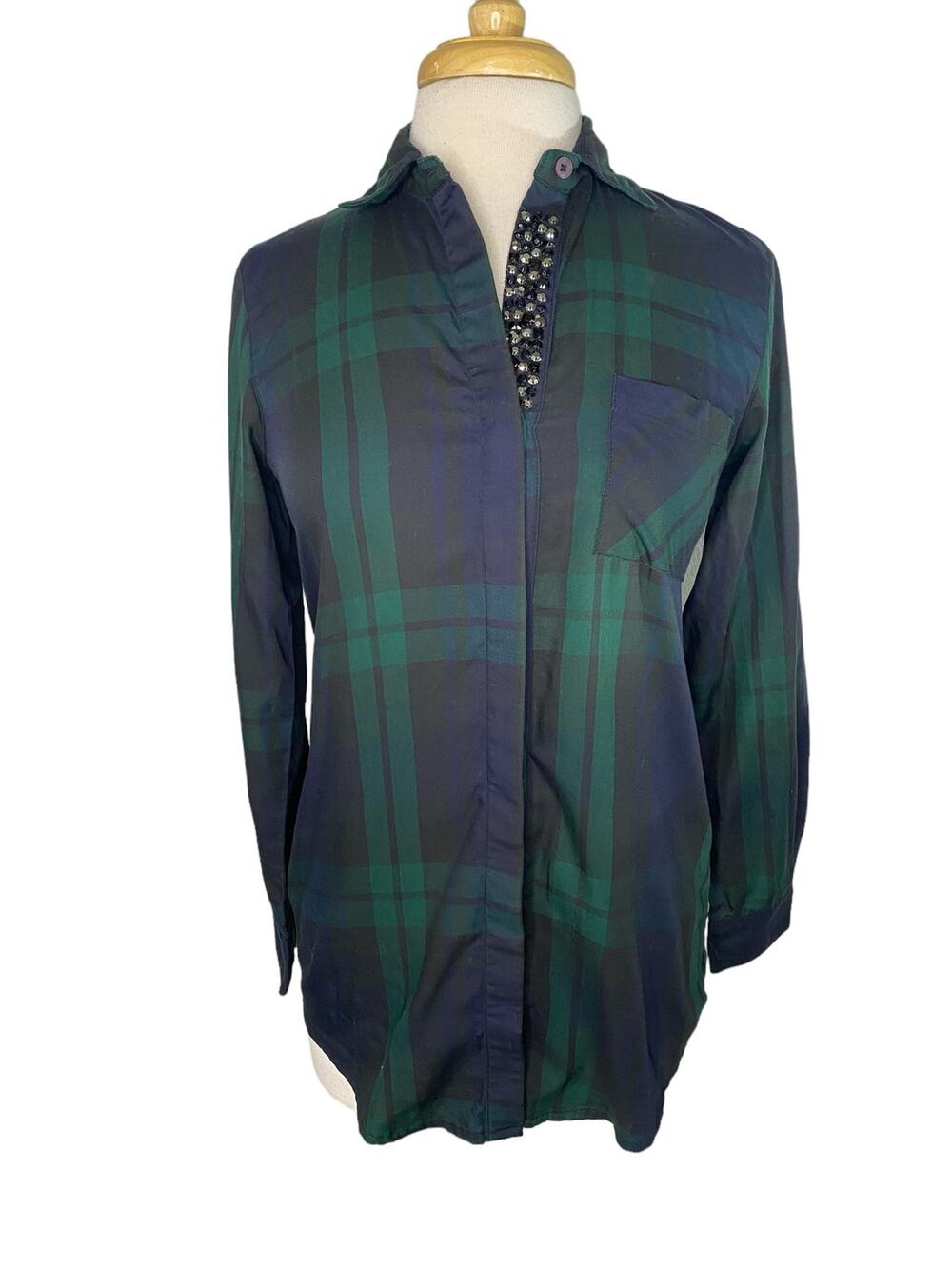 ORVIS Tartan Plaid Embellished Button Up Shirt Size 4 Womens Blue Green Cotton